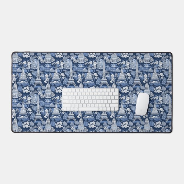 Intricate Parisian Blue Toile patterned Desk Mat (Keyboard & Mouse)