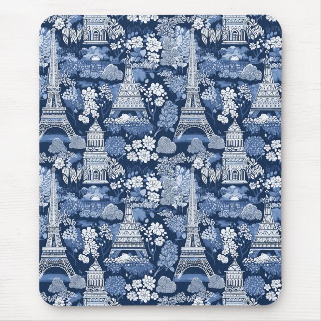 Intricate Parisian Blue Toile patterned Mouse Mat (Front)