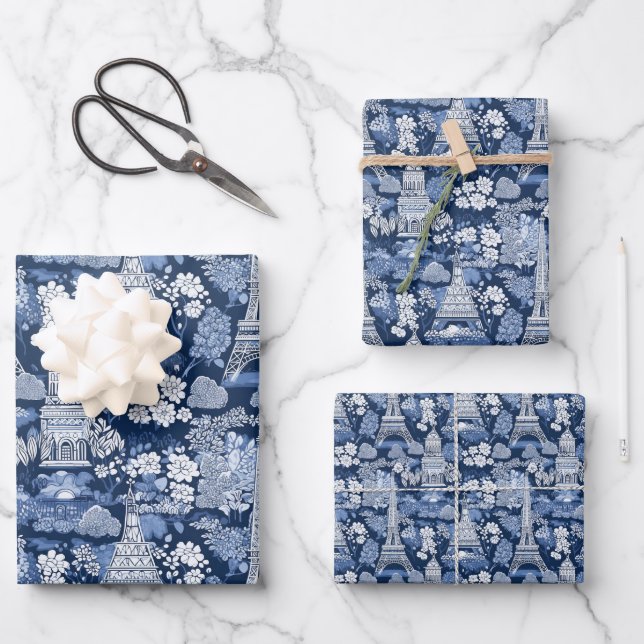 Intricate Parisian Blue Toile patterned Wrapping Paper Sheet (Front)