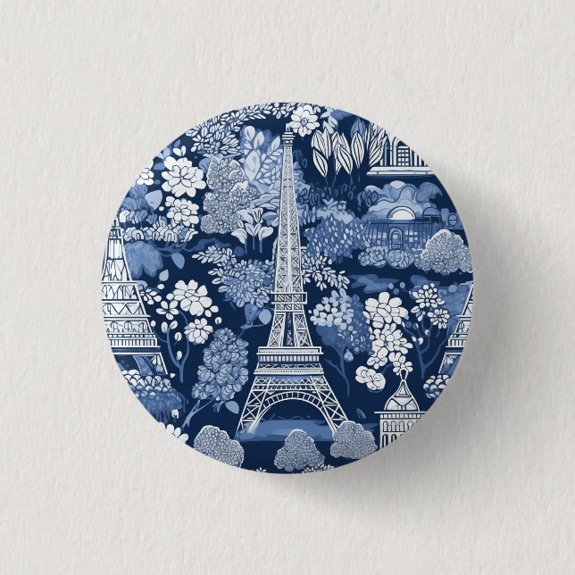 Intricate Parisian Eiffel Tower Blue Toile badge (Front)