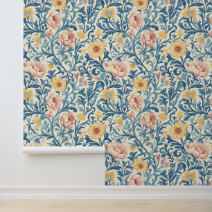 Intricate Pastel Floral Pattern with Blue Foliage Wallpaper