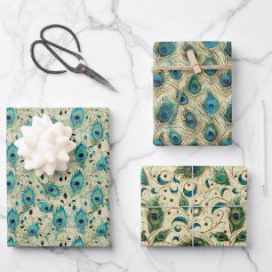 Intricate Peacock Feather Vintage Motif Wrapping Paper Sheet