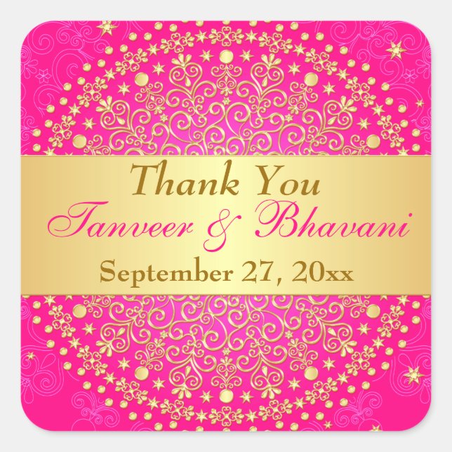 Intricate Pink Gold Scrolls, Dots Wedding Sticker (Front)