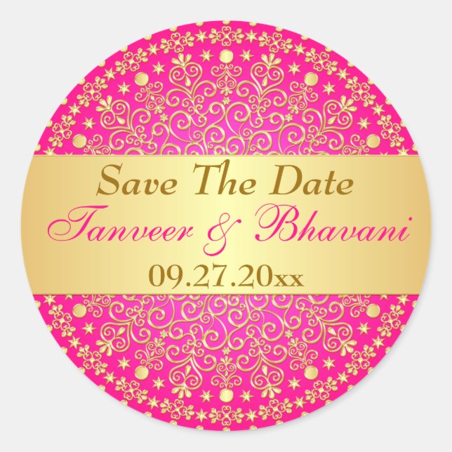 Intricate Pink Gold Scrolls, Dots Wedding Sticker (Front)
