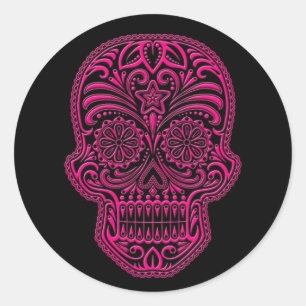 Intricate Pink Sugar Skull on Black Classic Round Sticker