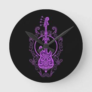 Intricate Purple Bass Guitar Design on Black Round Clock