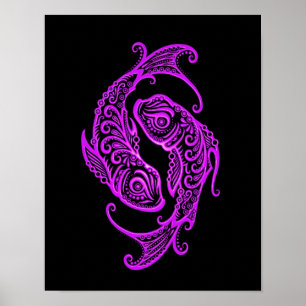 Intricate Purple Pisces Zodiac on Black Poster