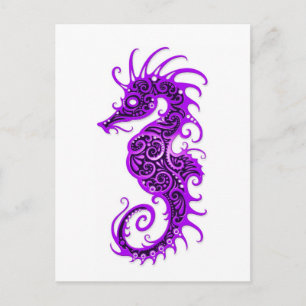 Intricate Purple Seahorse Design on White Postcard