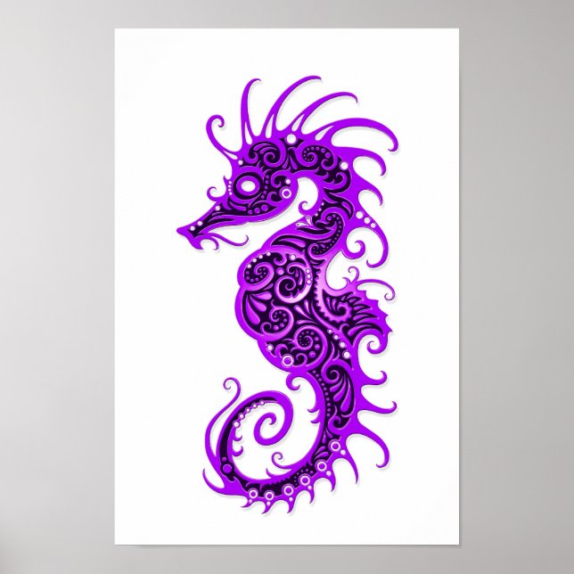 Intricate Purple Seahorse Design on White Poster (Front)