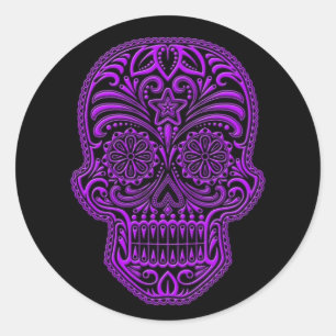 Intricate Purple Sugar Skull on Black Classic Round Sticker
