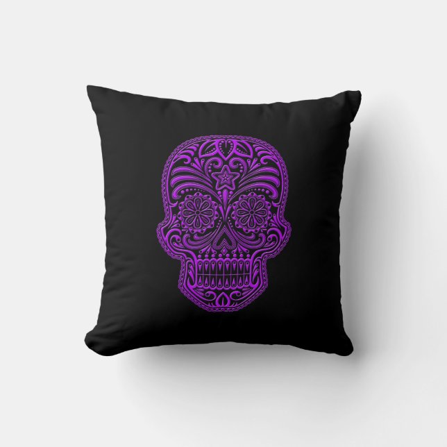 Intricate Purple Sugar Skull on Black Cushion (Front)