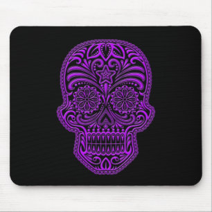 Intricate Purple Sugar Skull on Black Mouse Mat