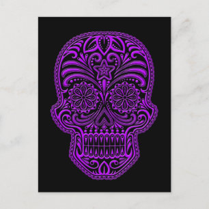 Intricate Purple Sugar Skull on Black Postcard