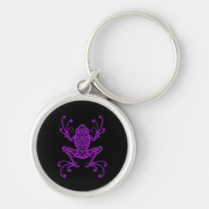 Intricate Purple Tree Frog on Black Key Ring