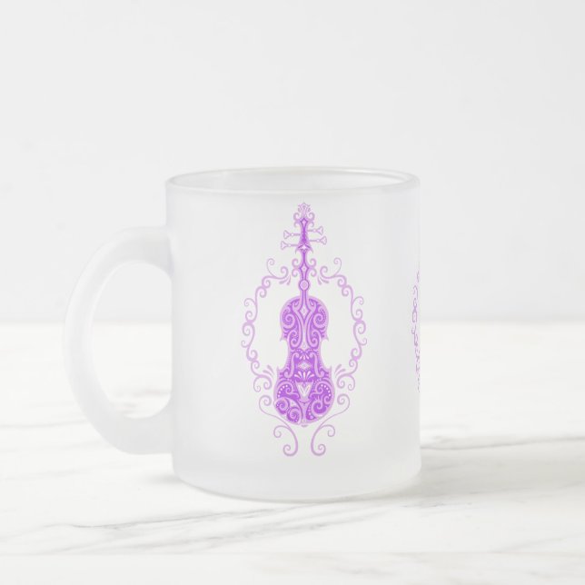 Intricate Purple Violin Design Frosted Glass Coffee Mug (Left)