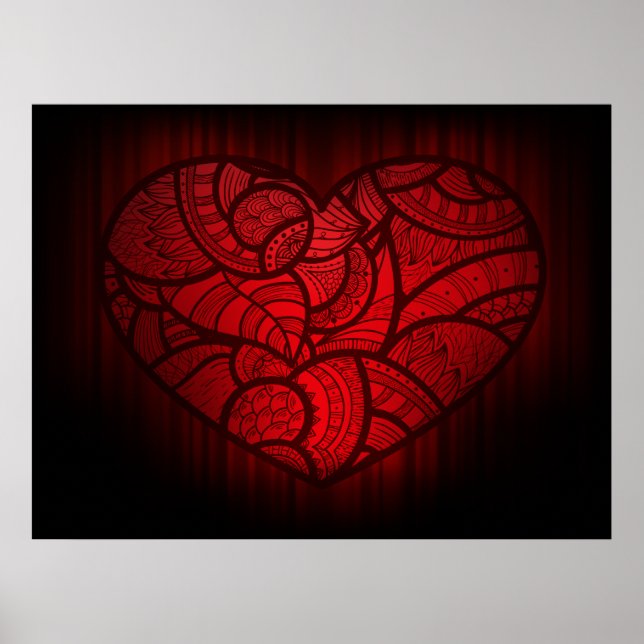 Intricate Red Mandala Heart Romantic Boho Pattern  Poster (Front)