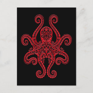 Intricate Red Octopus on Black Postcard