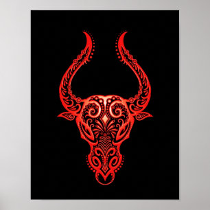 Intricate Red Taurus Zodiac on Black Poster