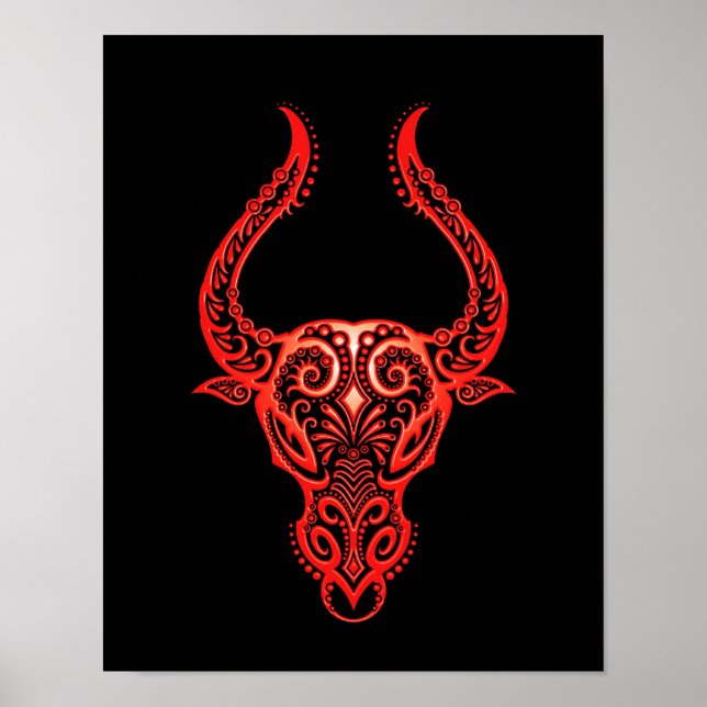 Intricate Red Taurus Zodiac on Black Poster (Front)