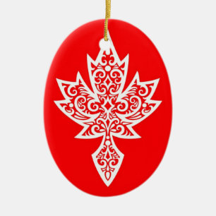 Intricate Red & White Canadian Maple Leaf Ceramic Tree Decoration