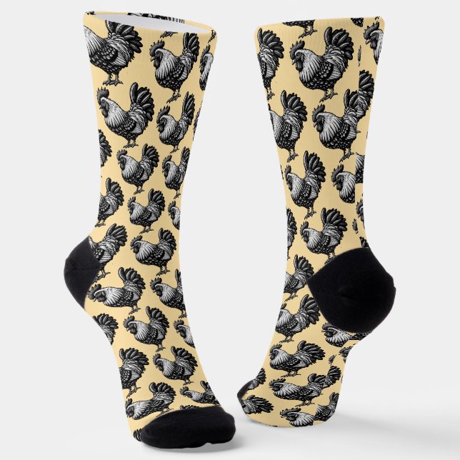 Intricate Rooster Illustration Socks (Angled)