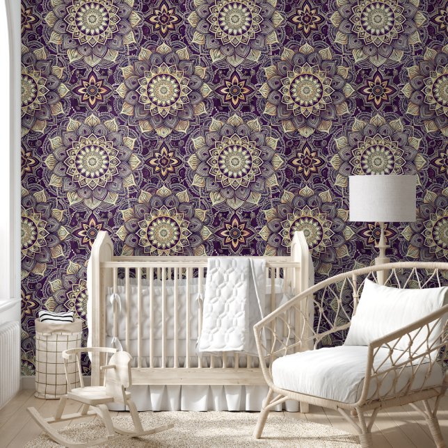 Intricate Royal Purple and Gold Mandala Pattern Wallpaper (Kids)