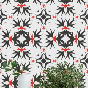 Intricate Sharp Black Red Motifs on Light Grey Wallpaper