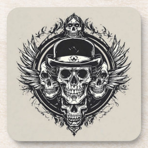 Intricate Skull Design Featuring Wings and Symbols Coaster