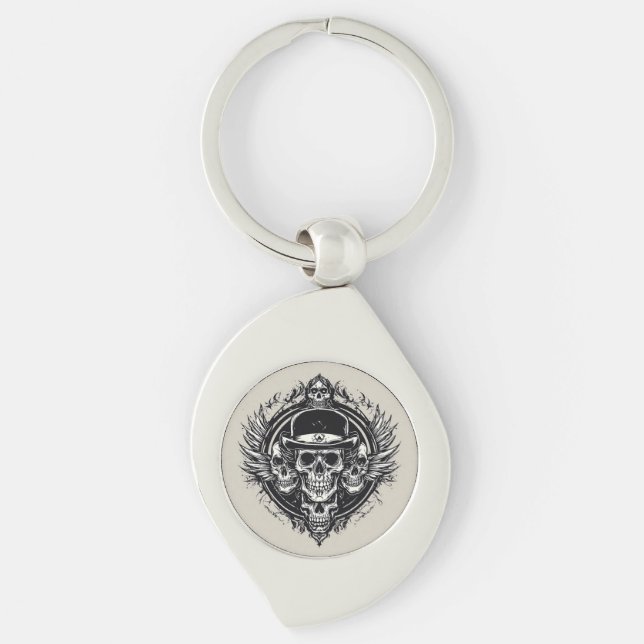 Intricate Skull Design Featuring Wings and Symbols Key Ring (Front)