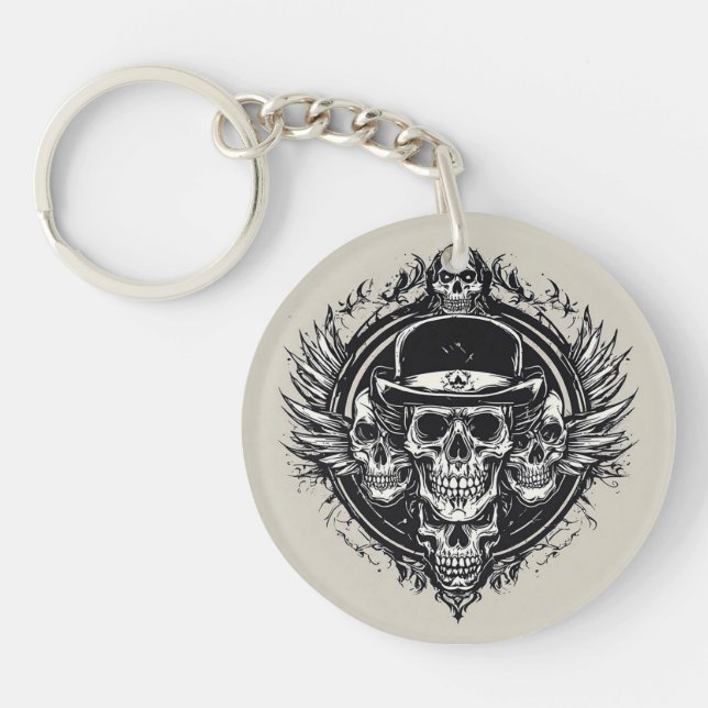 Intricate Skull Design Featuring Wings and Symbols Key Ring (Front)