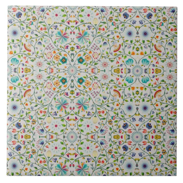 intricate Soft floral Botanical Colourful Tile (Front)