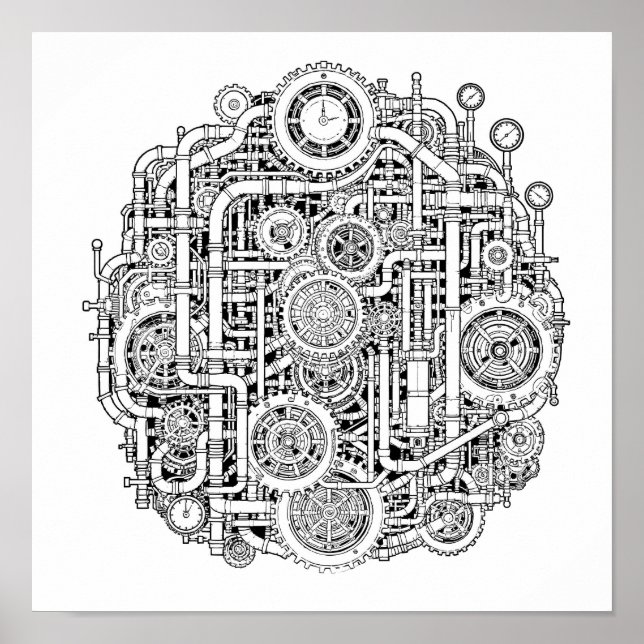 Intricate Steampunk Decoupage Template Line Art Poster (Front)
