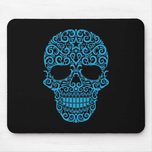 Intricate Sugar Skull – blue & black Mouse Mat (Front)