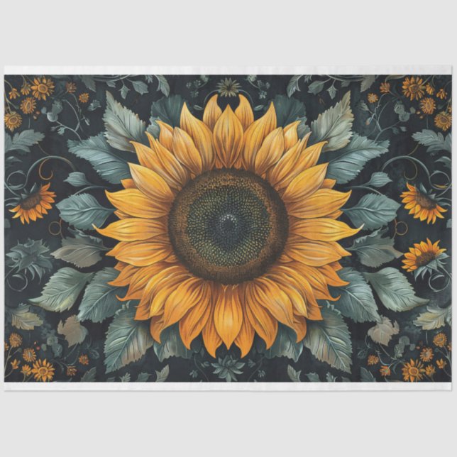 Intricate Sunflower Botanical Art Decoupage Tissue Paper (Front)