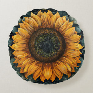 Intricate Sunflower Botanical Art Round Cushion