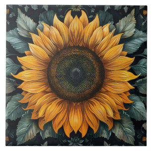 Intricate Sunflower Botanical Art Tile