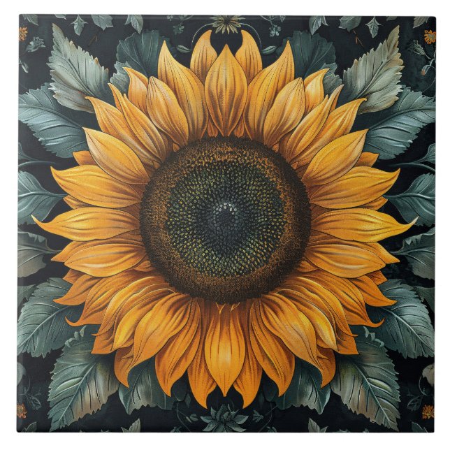 Intricate Sunflower Botanical Art Tile (Front)