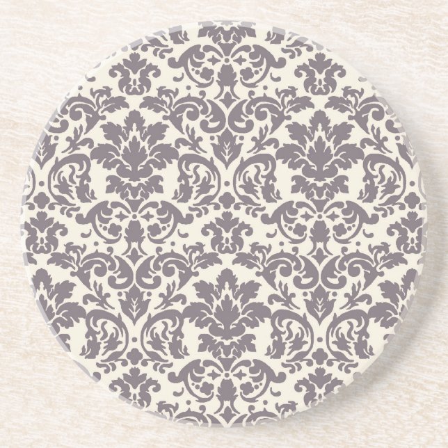 intricate taupe grey cream damask pattern coaster (Front)