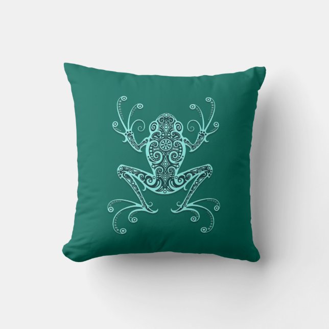 Intricate Teal Blue Tree Frog Cushion (Front)