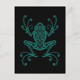Intricate Teal Blue Tree Frog on Black Postcard