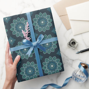 Intricate Teal Floral Mandala Seamless Pattern Wrapping Paper