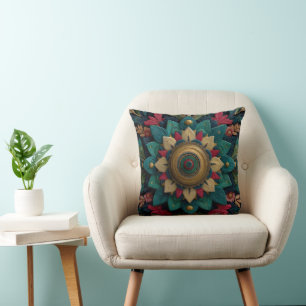 Intricate Textured Floral Mandala in Teal and Gold Cushion