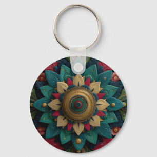 Intricate Textured Floral Mandala in Teal and Gold Key Ring