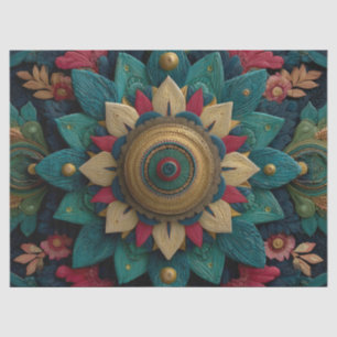 Intricate Textured Floral Mandala in Teal and Gold Tissue Paper
