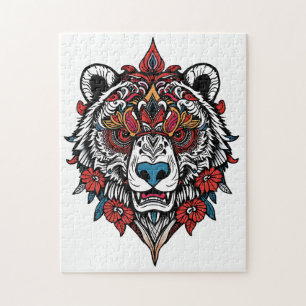 Intricate Tribal Bear Puzzle with Floral Design