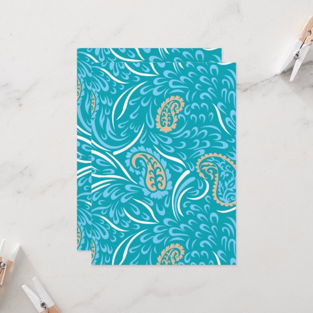 Intricate turquoise fabric design featuring paisle invitation (Front/Back In Situ)