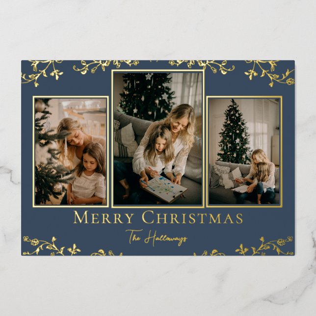 Intricate Vines 3 Photo Gold Foil Holiday Card (Front)