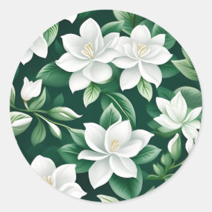 Intricate White and Green Floral Classic Round Sticker