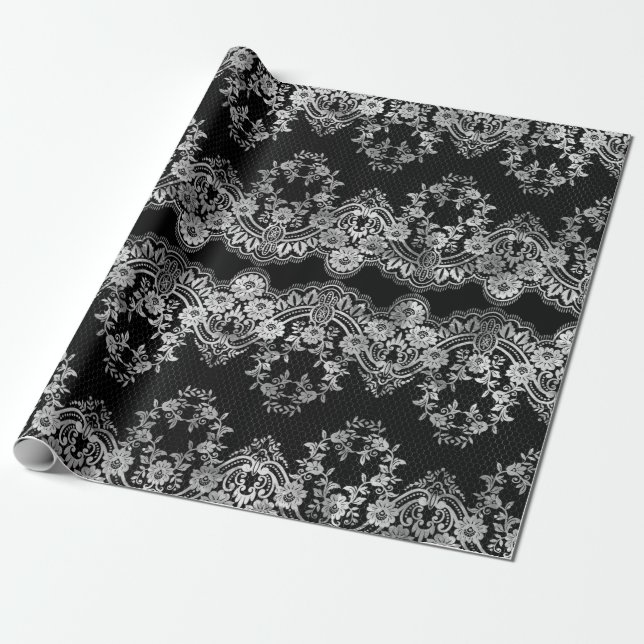 Intricate White Lace on Black Wrapping Paper (Unrolled)