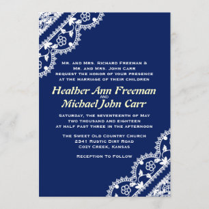 Intricate White Lace on Deep, Royal Blue Invitation
